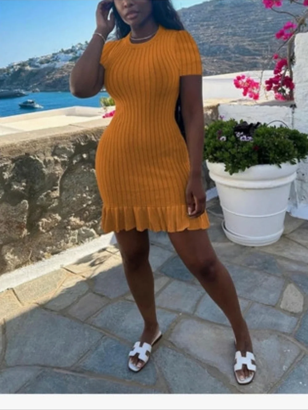 Ribbed Short Sleeve Ruffle Hem Dress - Mustard - Picture 2 of 3